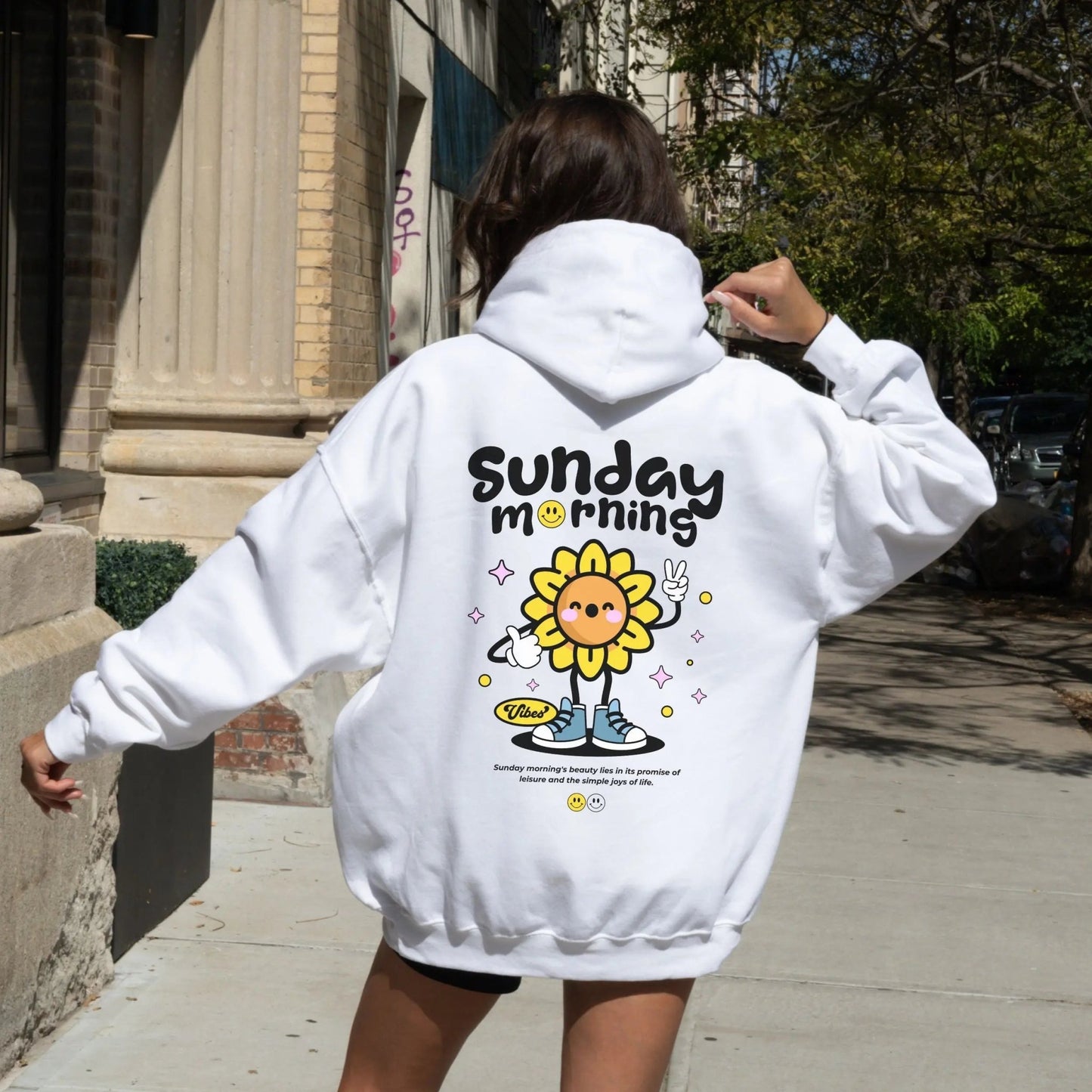 Sunflower character hoodie, cozy vibes, 50% cotton, 50% polyester, 8 colors.