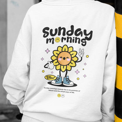 Sunflower character hoodie, cozy vibes, 50% cotton, 50% polyester, 8 colors.