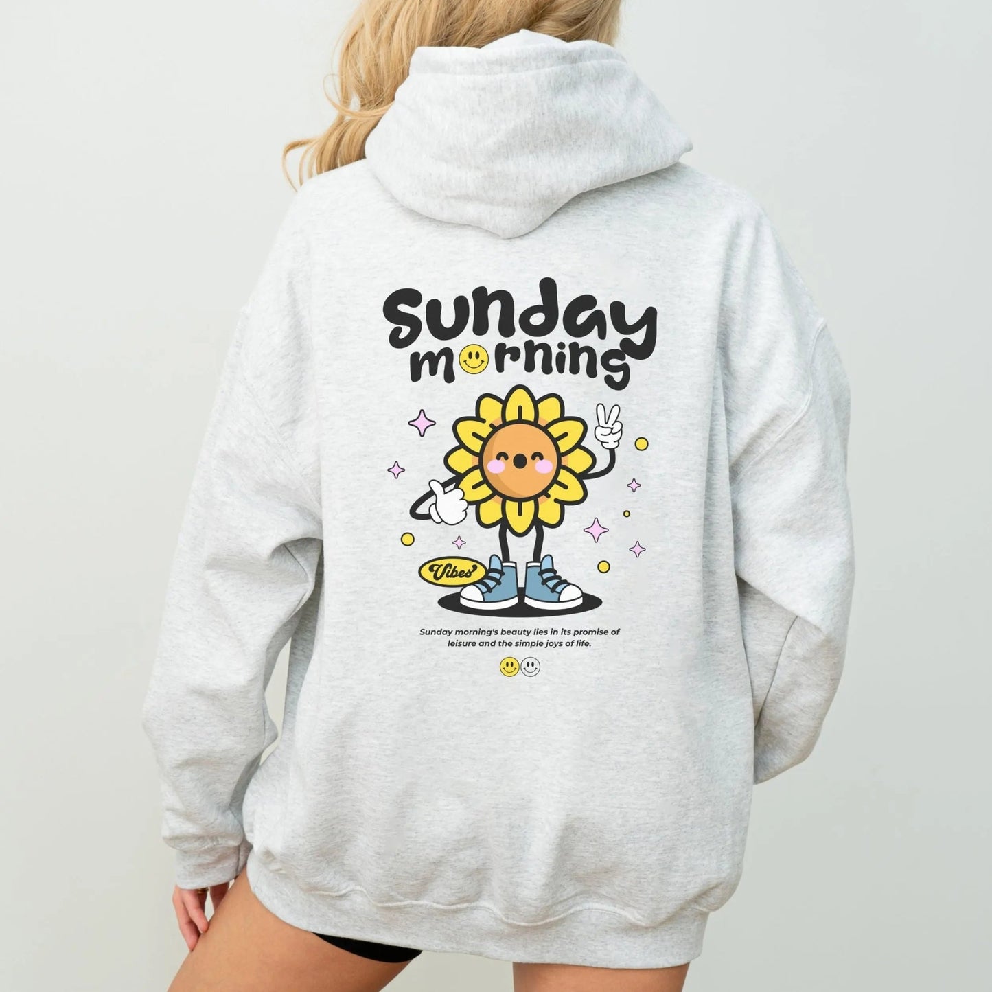 Sunflower character hoodie, cozy vibes, 50% cotton, 50% polyester, 8 colors.