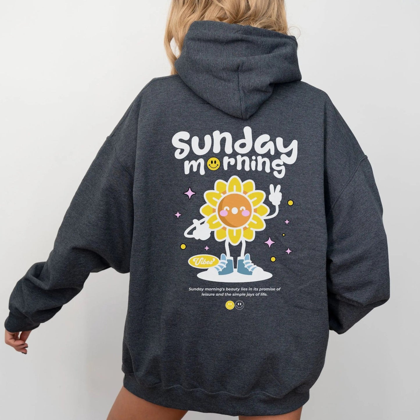 Sunflower character hoodie, cozy vibes, 50% cotton, 50% polyester, 8 colors.