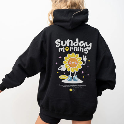 Sunflower character hoodie, cozy vibes, 50% cotton, 50% polyester, 8 colors.