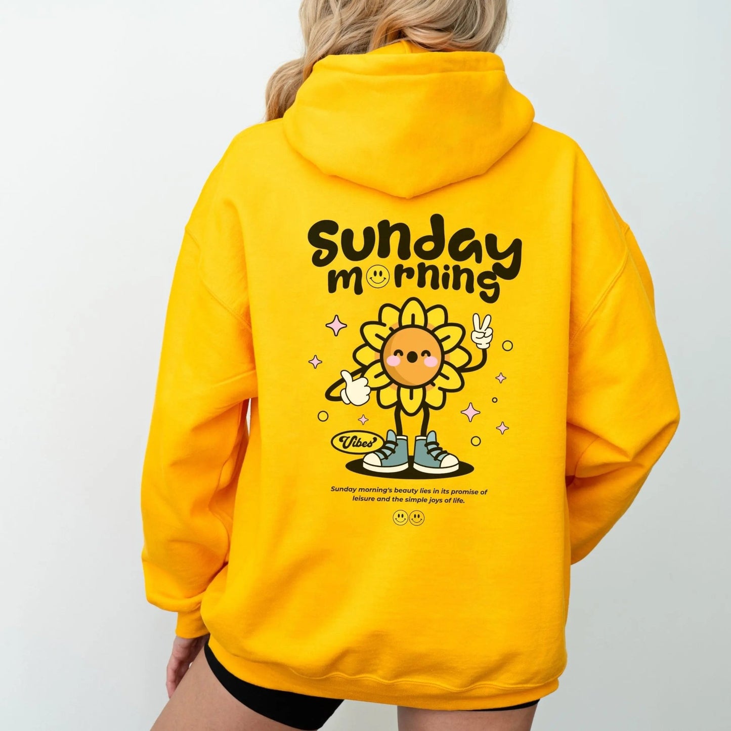 Sunflower character hoodie, cozy vibes, 50% cotton, 50% polyester, 8 colors.