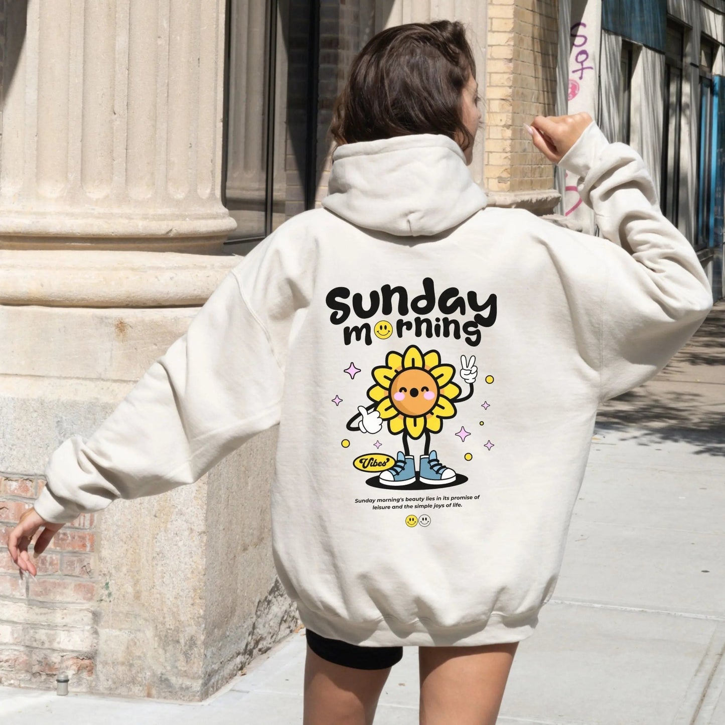 Sunflower character hoodie, cozy vibes, 50% cotton, 50% polyester, 8 colors.