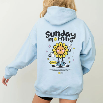 Sunflower character hoodie, cozy vibes, 50% cotton, 50% polyester, 8 colors.