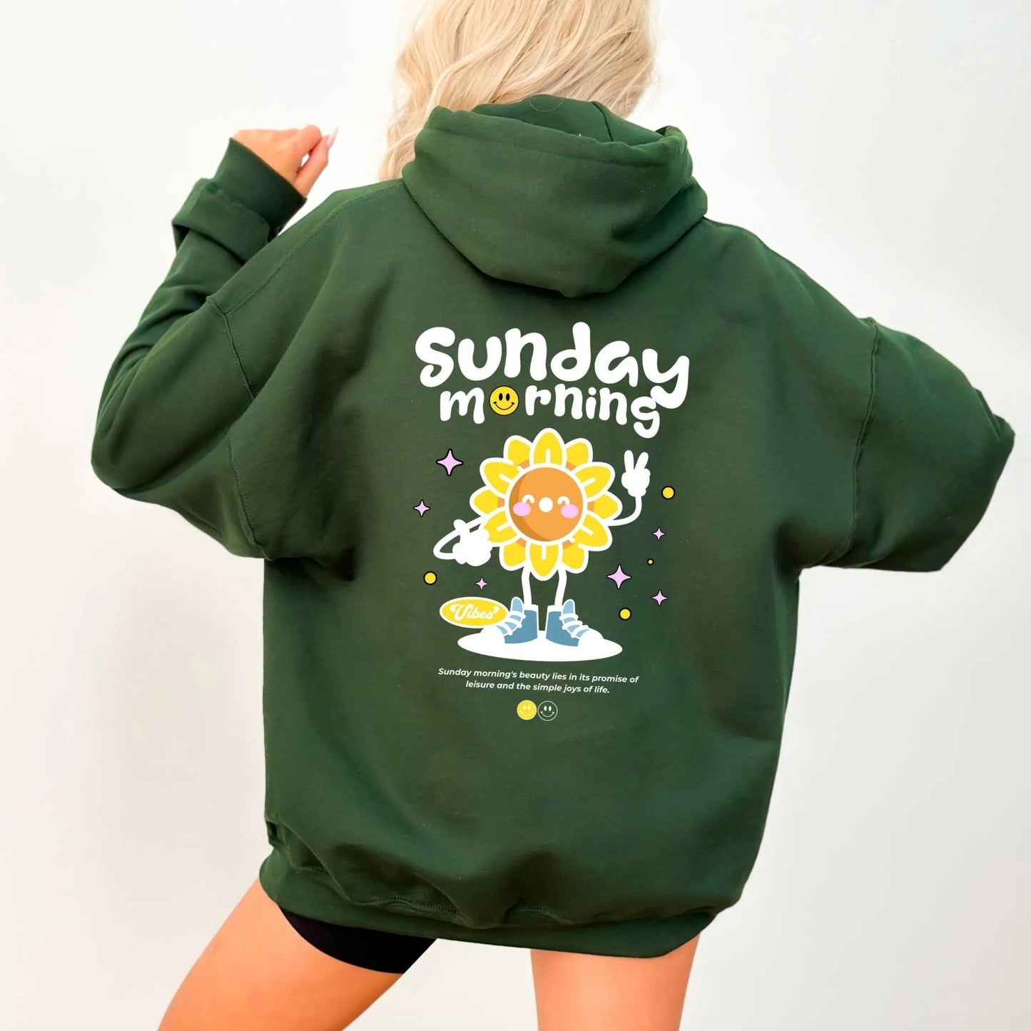 Sunflower character hoodie, cozy vibes, 50% cotton, 50% polyester, 8 colors.