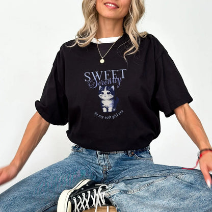 Sweet Serenity shirt with kitten design, 100% cotton, 5 colors.