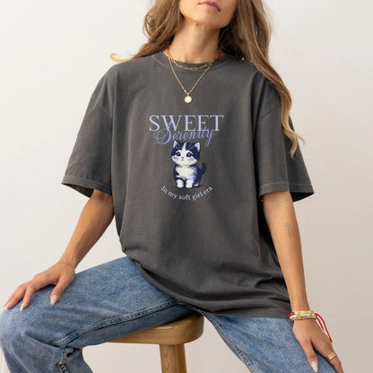 Sweet Serenity shirt with kitten design, 100% cotton, 5 colors.