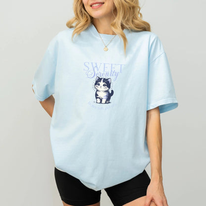 Sweet Serenity shirt with kitten design, 100% cotton, 5 colors.