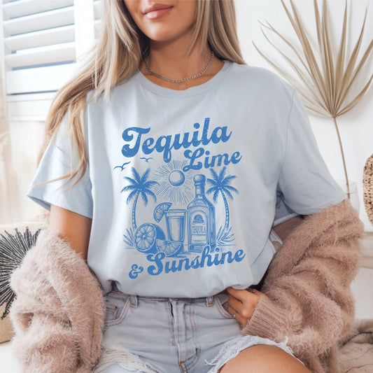 Tequila Lime and Sunshine summer t-shirt with retro beach bar design