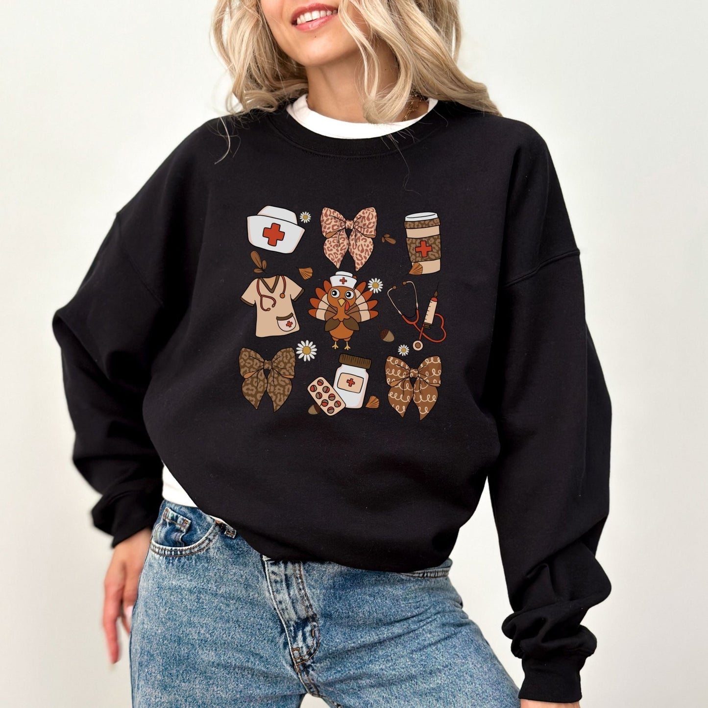 Thanksgiving nurse sweatshirt with healthcare-themed design and festive details.