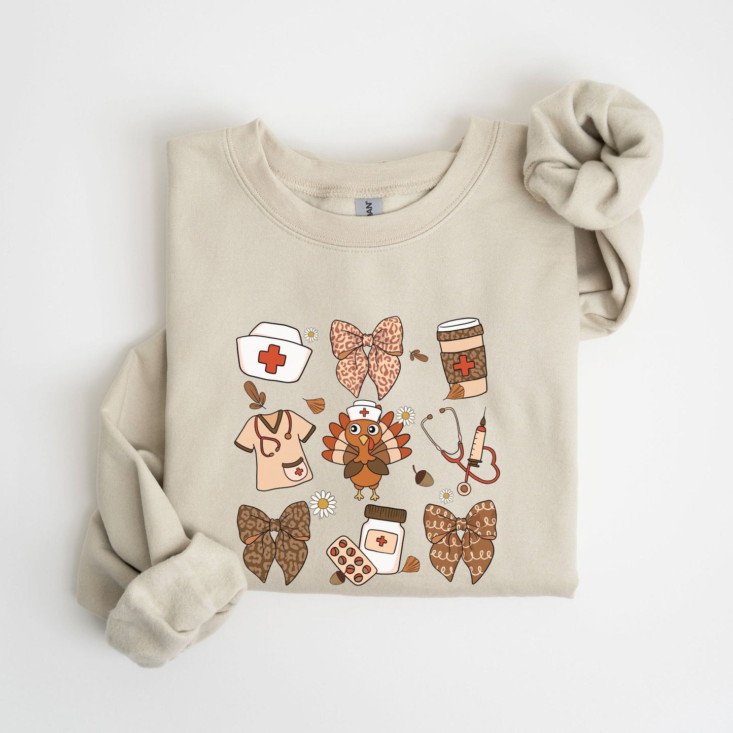 Thanksgiving nurse sweatshirt with healthcare-themed design and festive details.