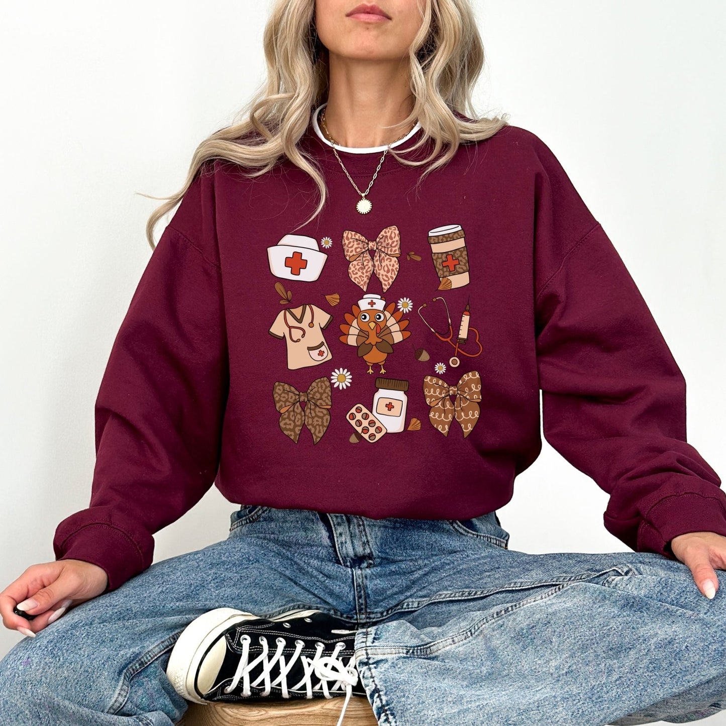 Thanksgiving nurse sweatshirt with healthcare-themed design and festive details.