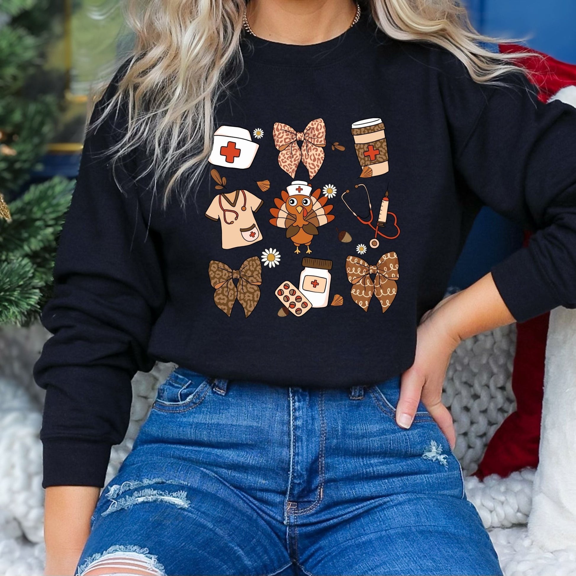 Thanksgiving nurse sweatshirt with healthcare-themed design and festive details.