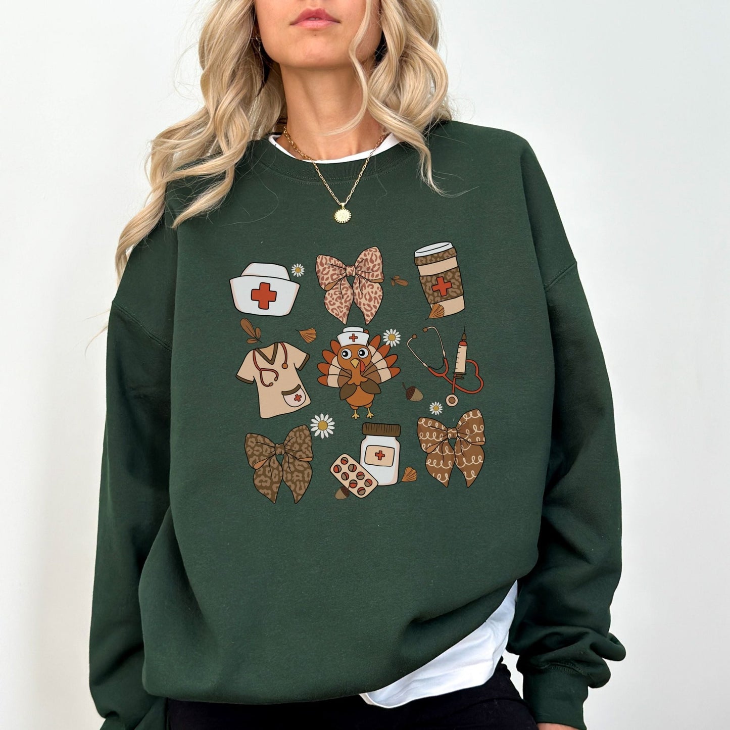 Thanksgiving nurse sweatshirt with healthcare-themed design and festive details.