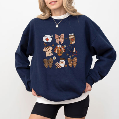 Thanksgiving nurse sweatshirt with healthcare-themed design and festive details.