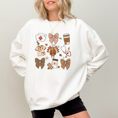 Thanksgiving nurse sweatshirt with healthcare-themed design and festive details.