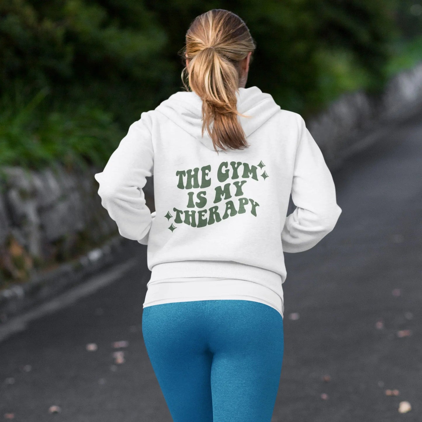 "The Gym is My Therapy" hoodie from That Cozy Vibe, available in 10 colors, fitness motivation.