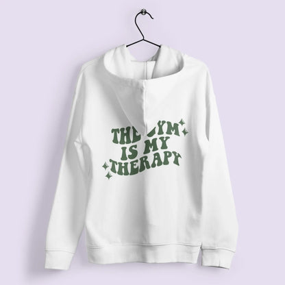 "The Gym is My Therapy" hoodie from That Cozy Vibe, available in 10 colors, fitness motivation.