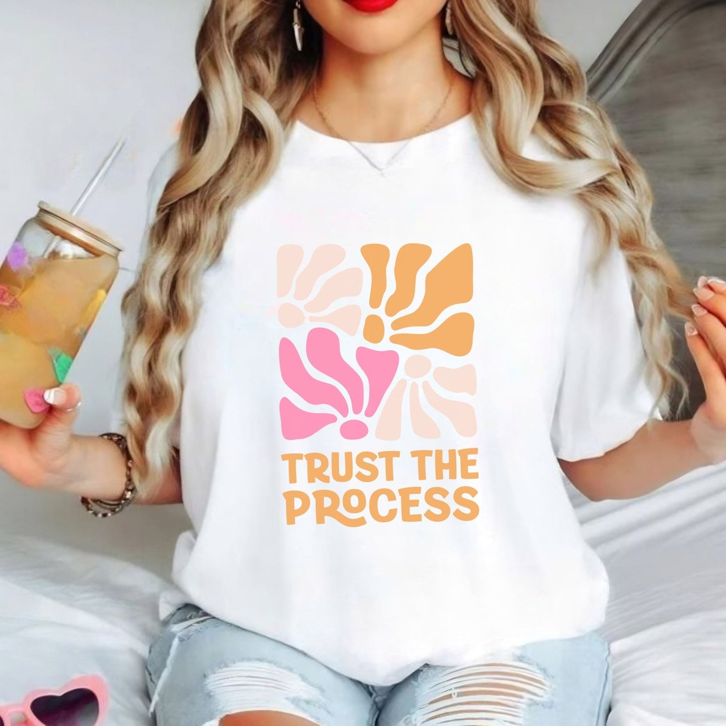 Trust the Process t-shirt with a vibrant floral abstract design in bold colors, perfect for motivation and style.