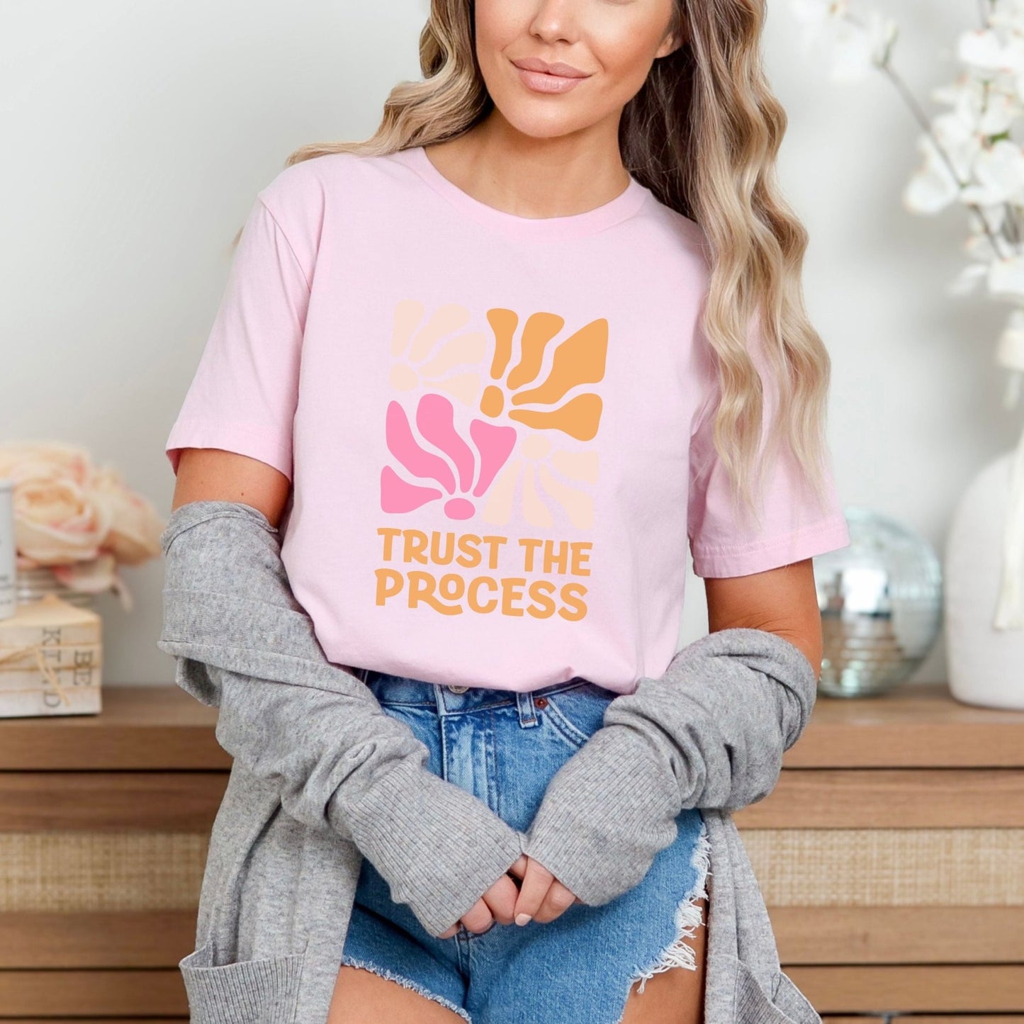 Trust the Process t-shirt with a vibrant floral abstract design in bold colors, perfect for motivation and style.