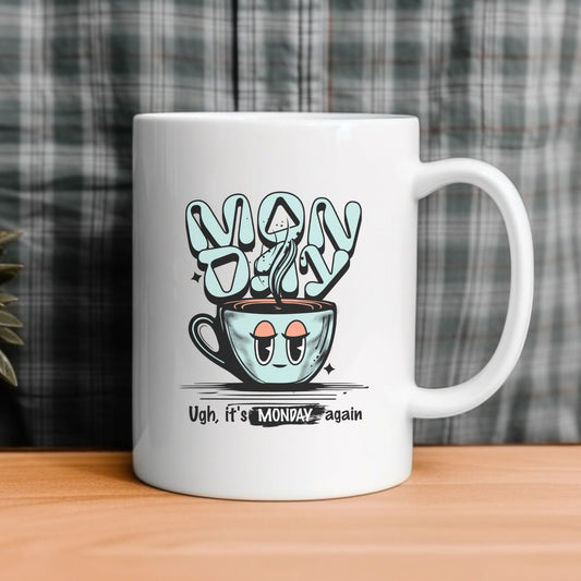 Retro Monday coffee mug with fun and quirky design.