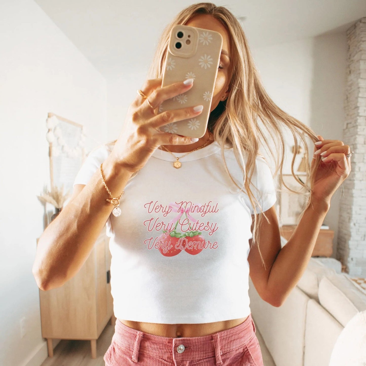 Very Demure, Very Mindful baby tee with strawberry design, perfect for cutesy fashion.