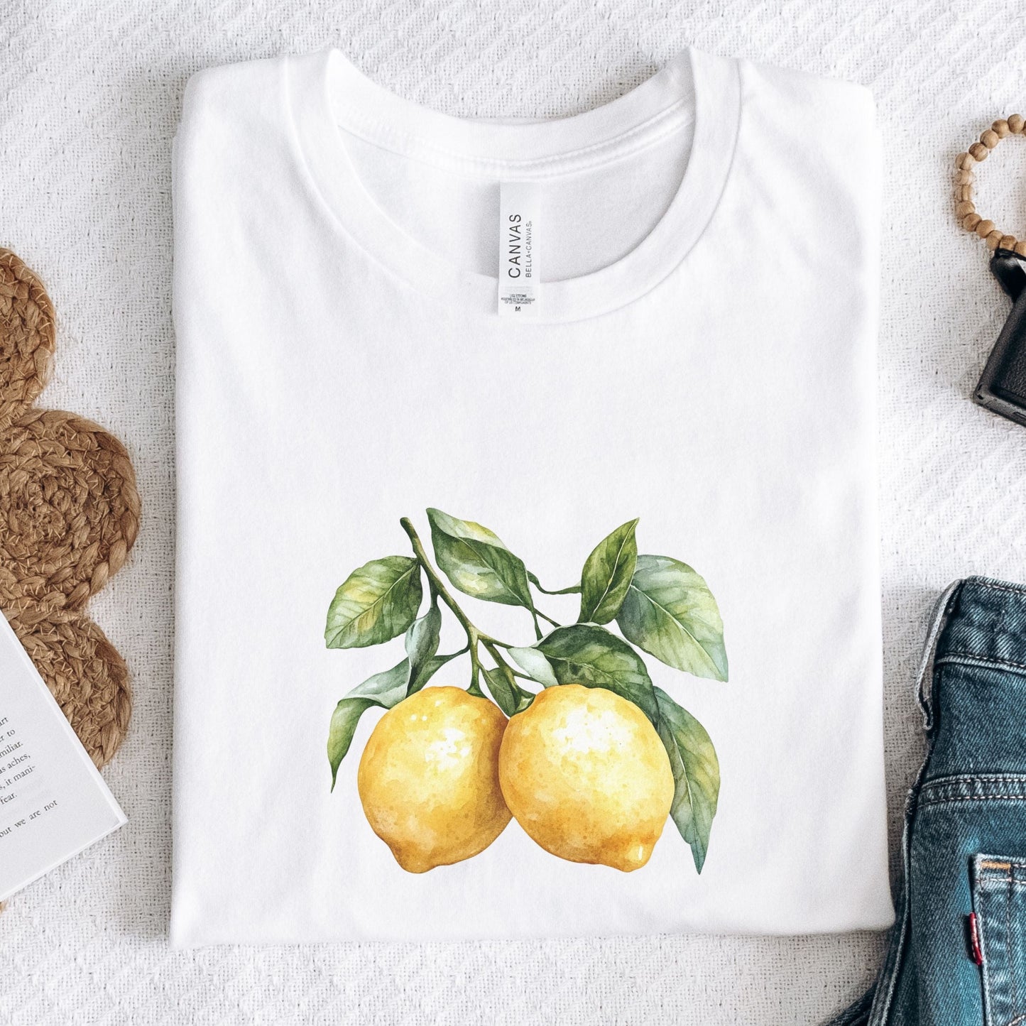 Watercolor lemon t-shirt with vintage fruit design, summer cottagecore aesthetic