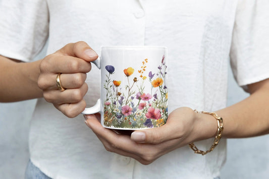 "Watercolor Wildflowers" ceramic mug, botanical art, 11 oz and 15 oz, spring floral design.