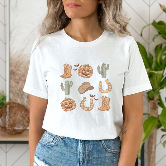 Western Halloween shirt featuring cowboy boots, cacti, pumpkins, and festive fall designs.