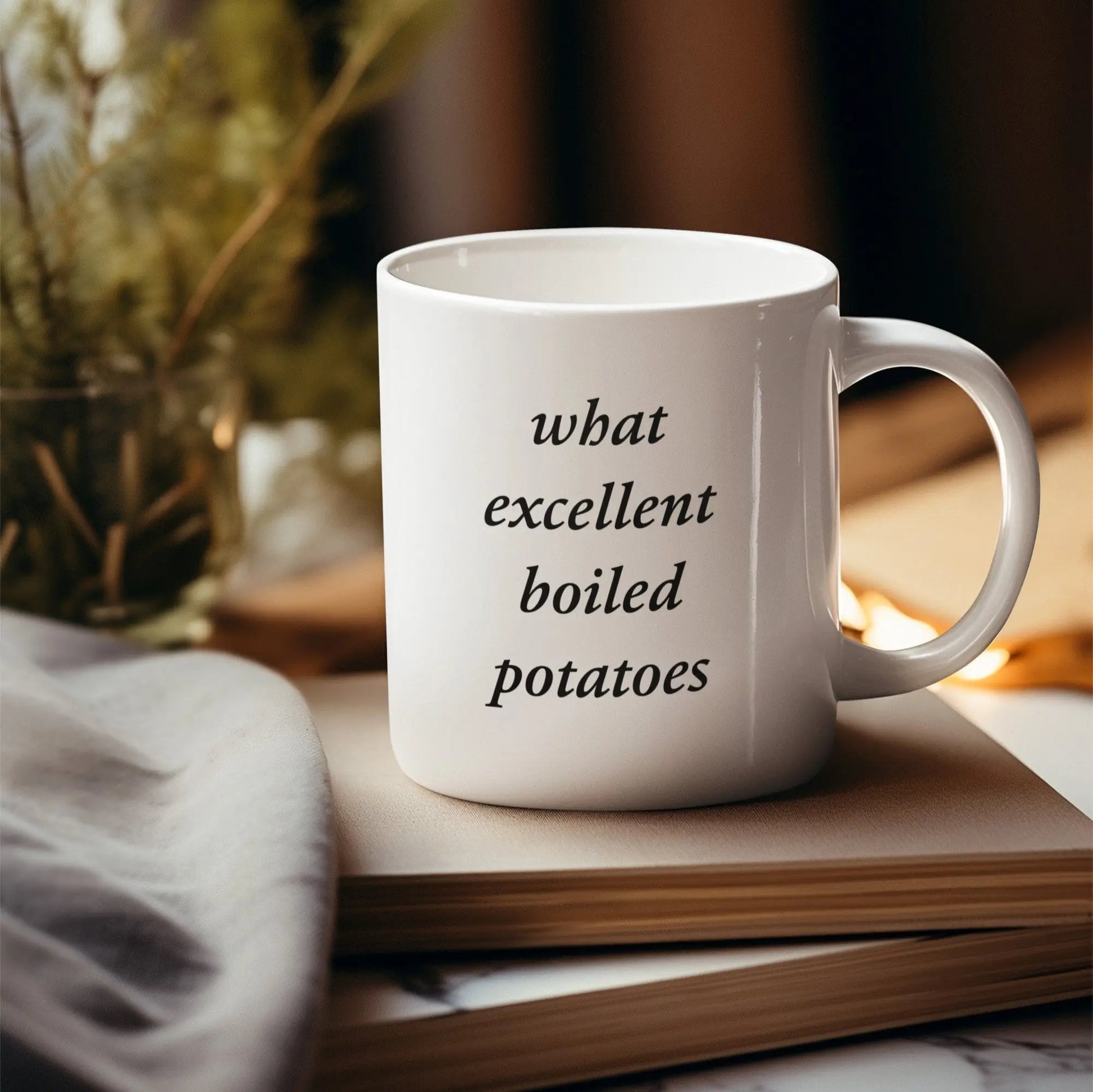 What Excellent Boiled Potatoes mug, Pride and Prejudice theme, 2 sizes, literary gift.