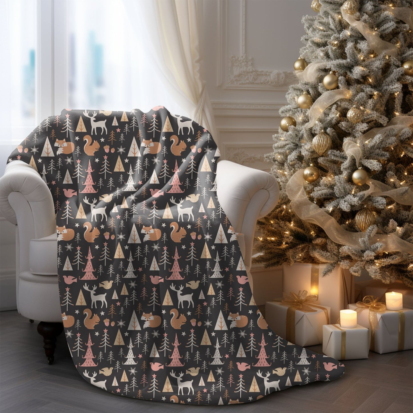 Christmas woodland blanket with holiday animals, perfect for cozy winter decor.