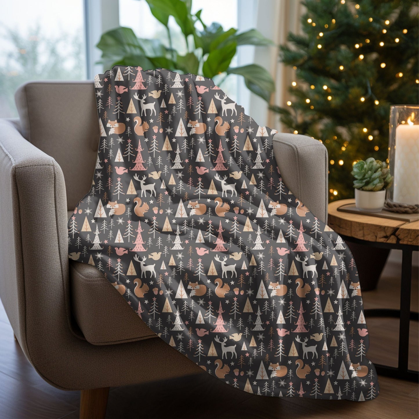 Christmas woodland blanket with holiday animals, perfect for cozy winter decor.