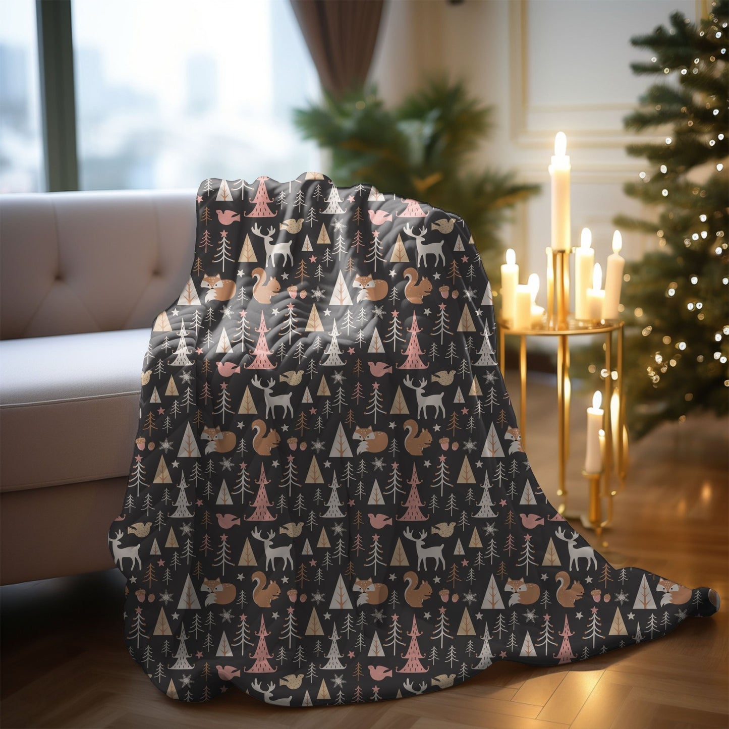 Christmas woodland blanket with holiday animals, perfect for cozy winter decor.