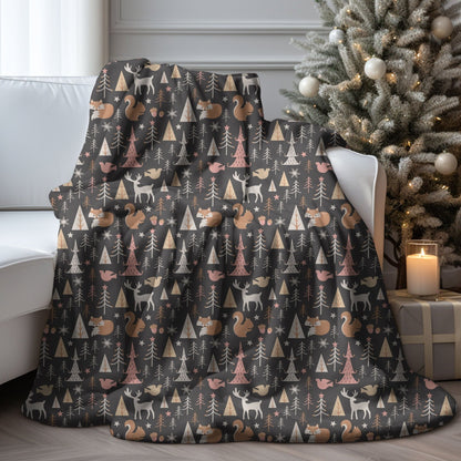 Christmas woodland blanket with holiday animals, perfect for cozy winter decor.