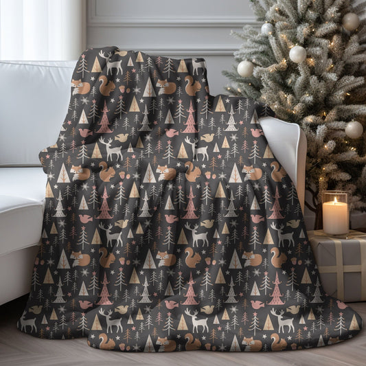 Christmas woodland blanket with holiday animals, perfect for cozy winter decor.