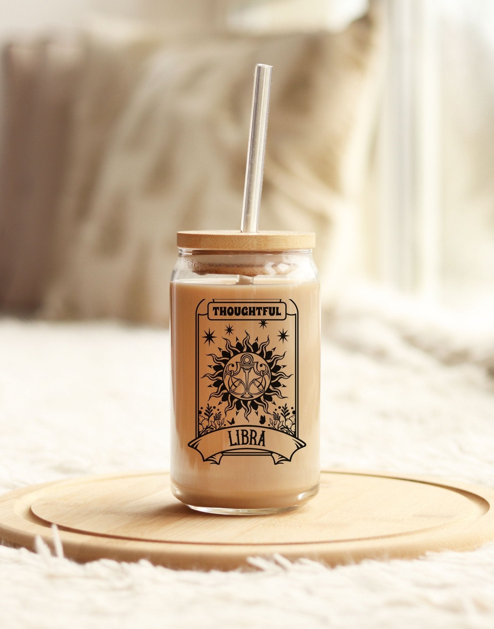 Zodiac glass tumbler with Libra design, astrology drinkware with lid and straw.