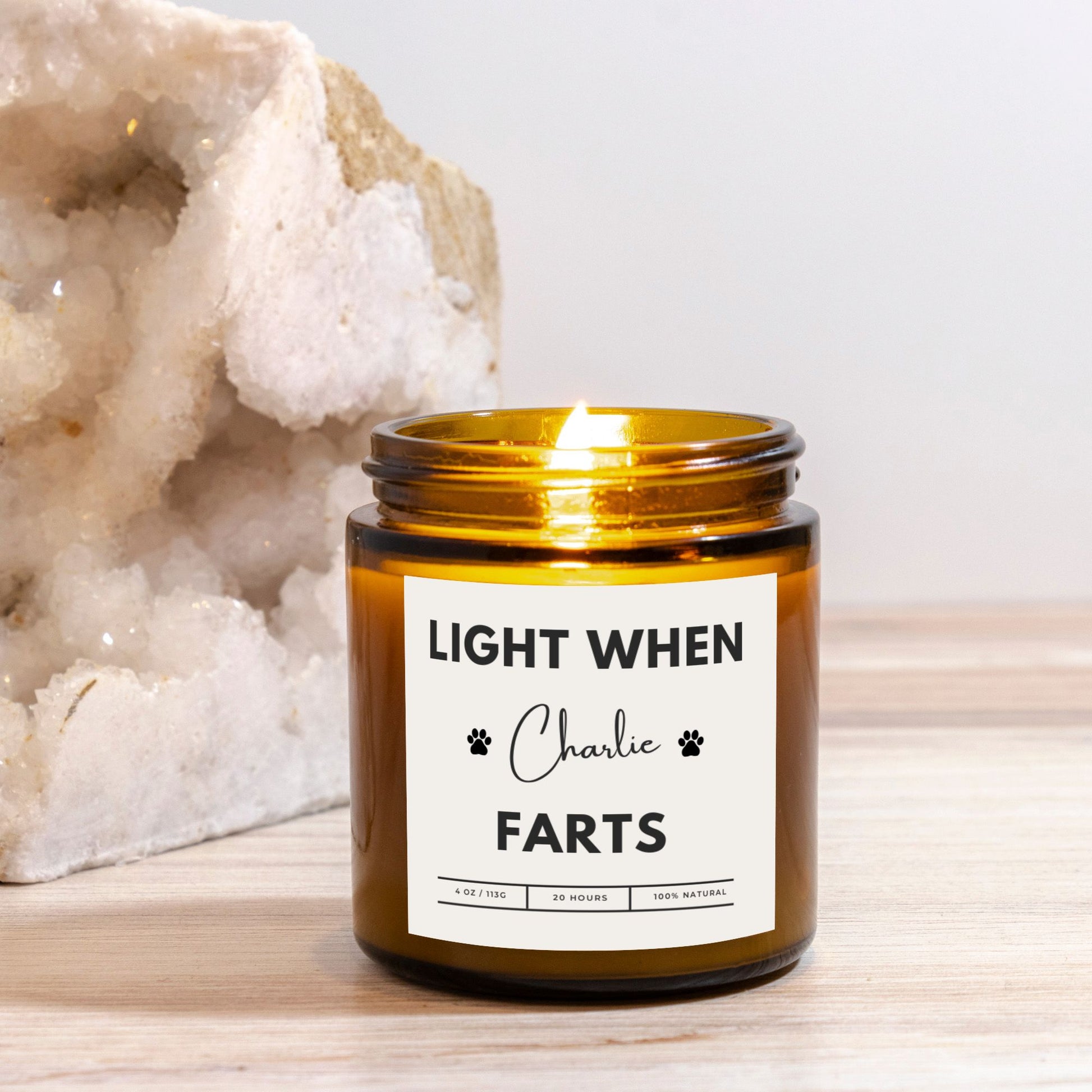 Personalized amber jar dog candle with custom text option, Light When [Name] Farts design.