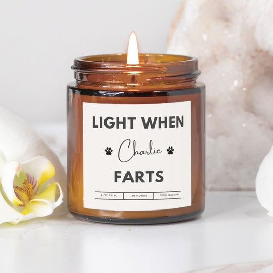 Personalized amber jar dog candle with custom text option, Light When [Name] Farts design.