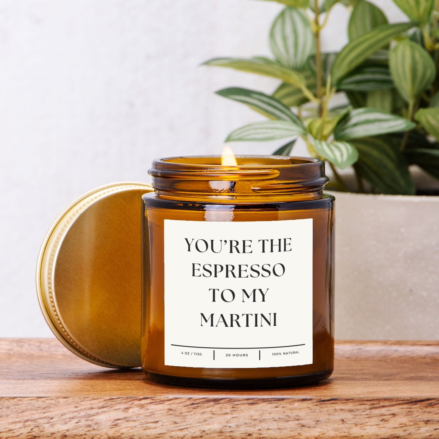 Amber jar espresso martini candle with 'You're the Espresso to My Martini' text, natural soy wax.