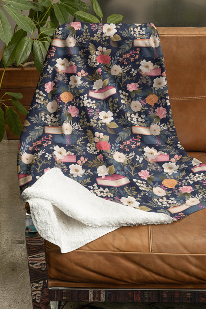 Cozy floral book blanket with a beautiful book and flower pattern, ideal for readers.